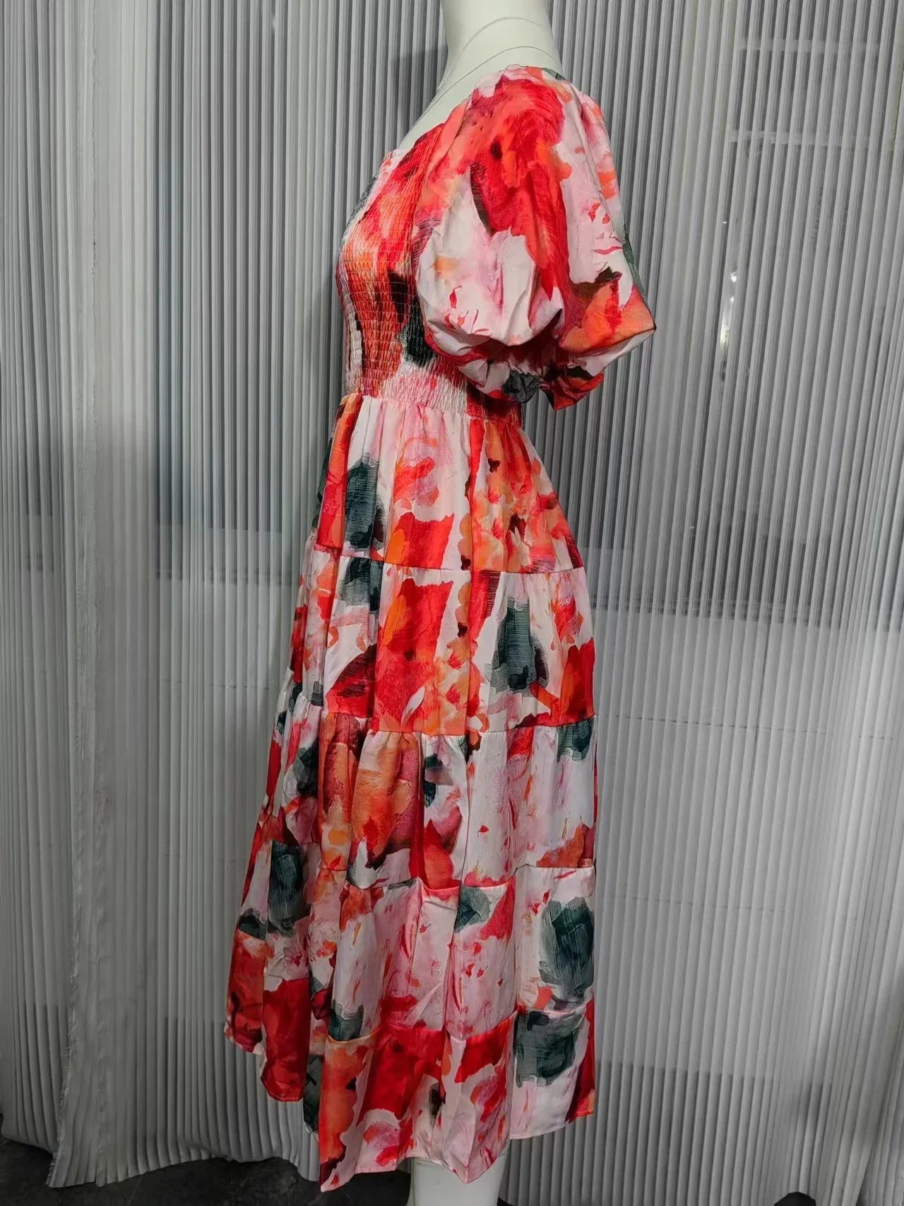 One Shoulder Summer Dress With Square Neck Lantern Sleeves