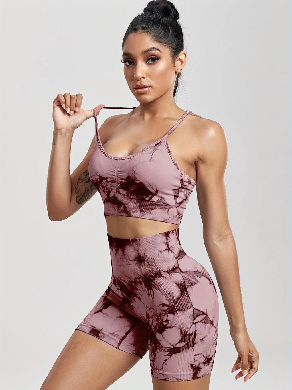 2-Piece Women Tie-Dye Sports Shorts and Crop Top Set Breathable Athletic Workout Gym Outfit Perfect for Yoga Fitness and Biking