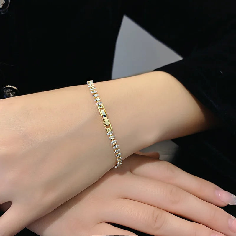 Luxury Crystal Geometric Chain Bracelet for Women with Rhinestone Marquise Charm and Tennis Design