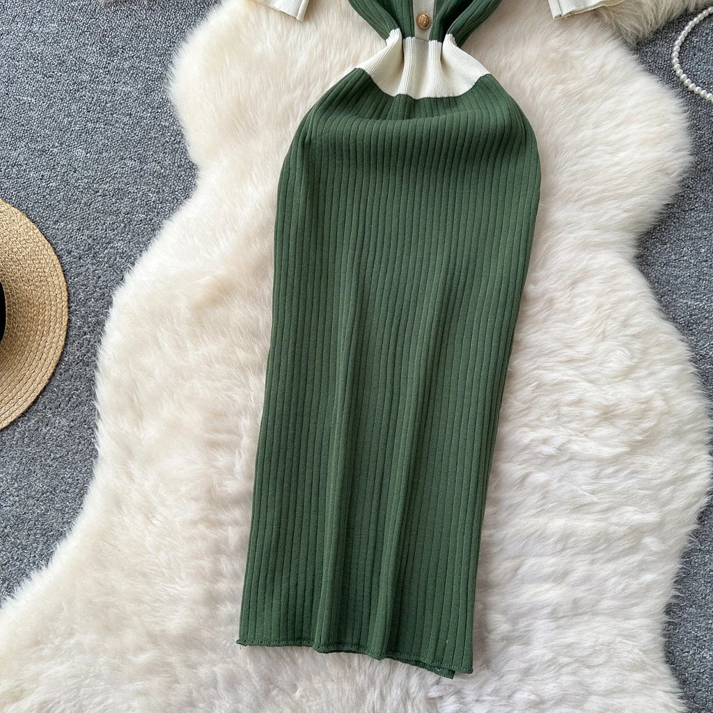 Patchwork Knitted Polo Collar Dress For Women Spring Summer