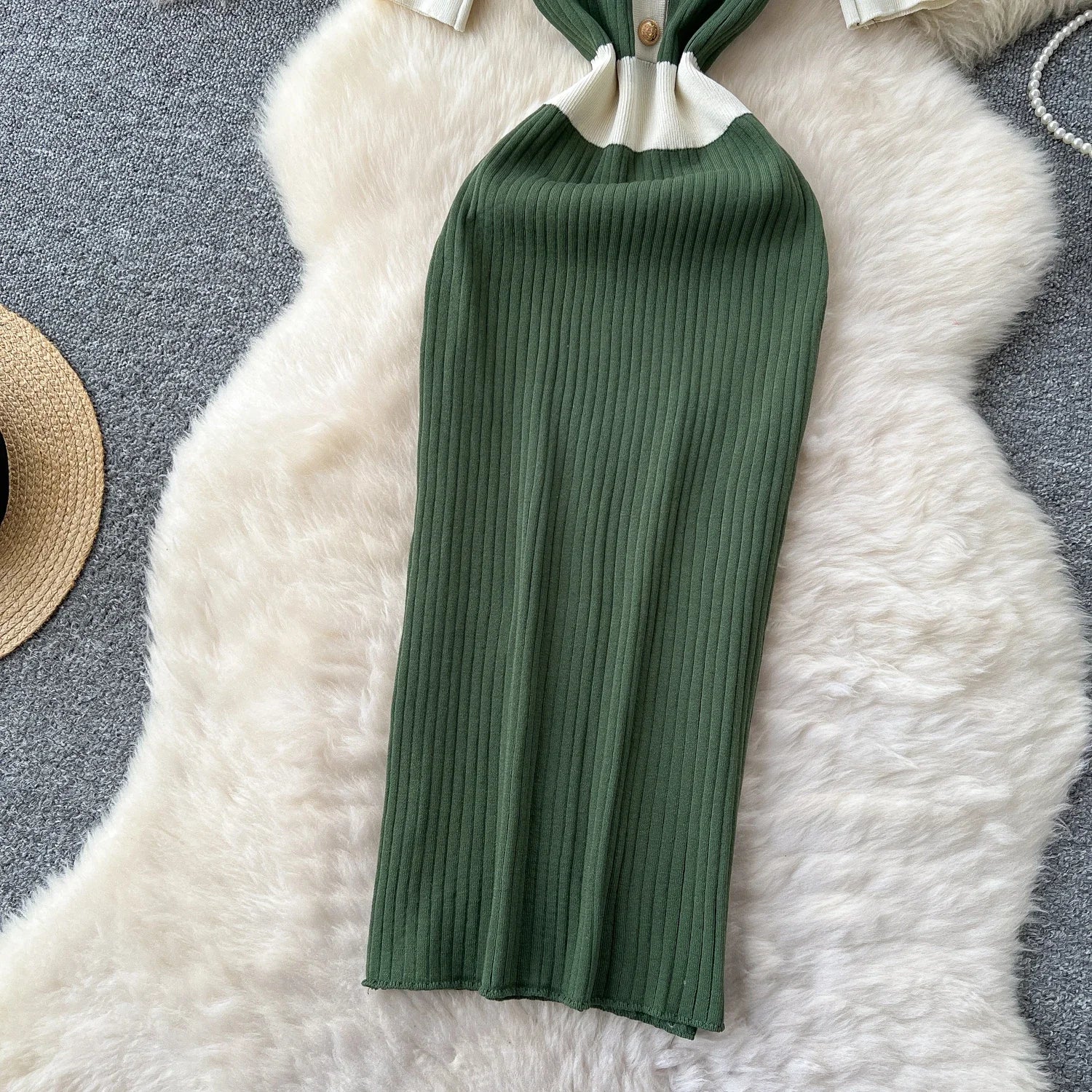 Patchwork Knitted Polo Collar Dress For Women Spring Summer