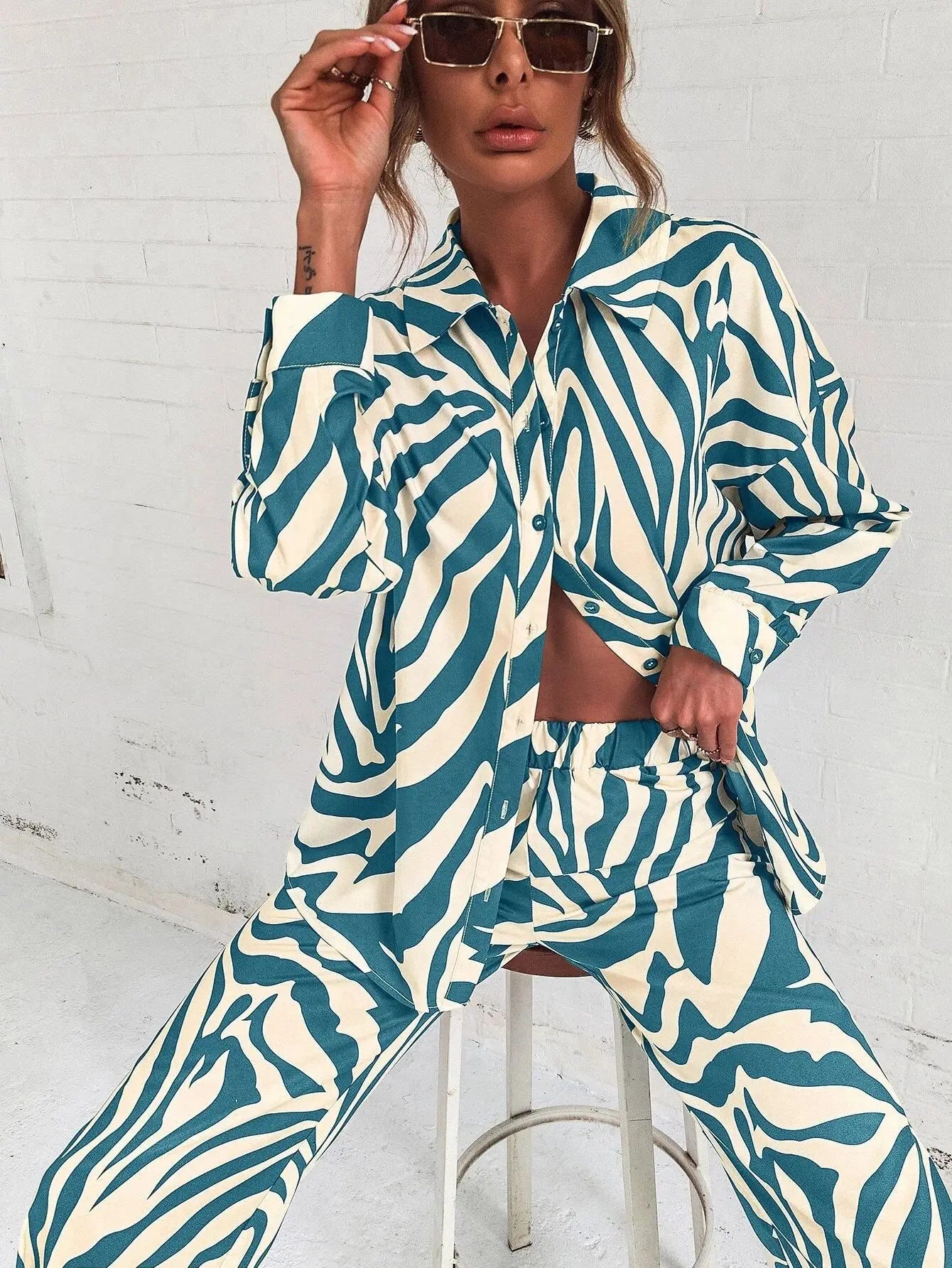 Trendy Print Off Shoulder Shirt and Trouser Set with Long Sleeve Design