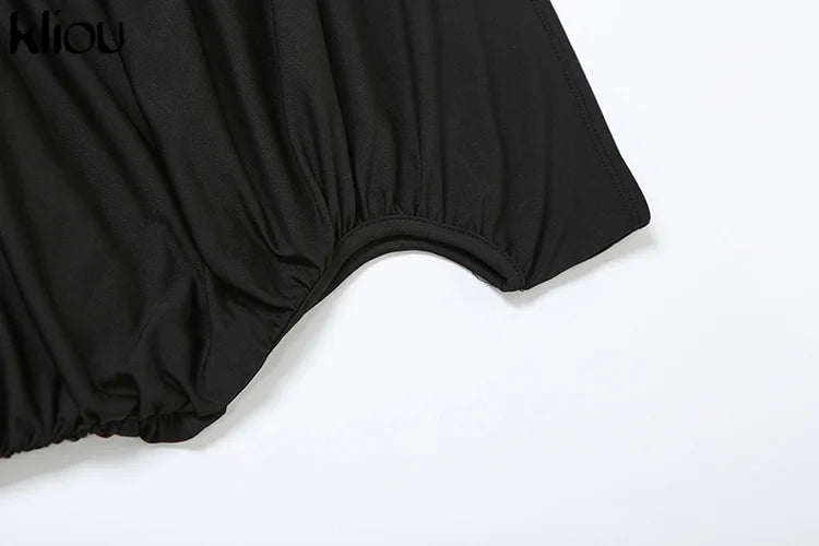 Summer Solid Color Pleated Oblique Shoulder Dress for Women