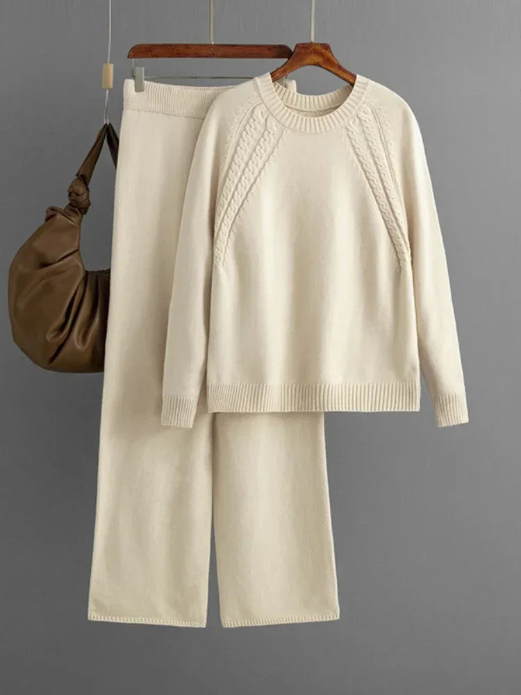 Cozy Autumn Winter Knitted Two Piece Set For Women Loose Sweater And Wide Leg Pants Casual Solid Color Outfit