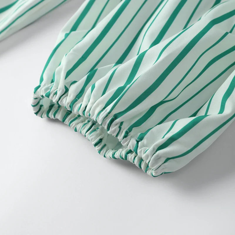 Elegant Women Striped Bow Tie Lace Up Blouse Round Neck Short Sleeve Puff Sleeve Loose Fit Vintage Chic Top for Spring and Summer