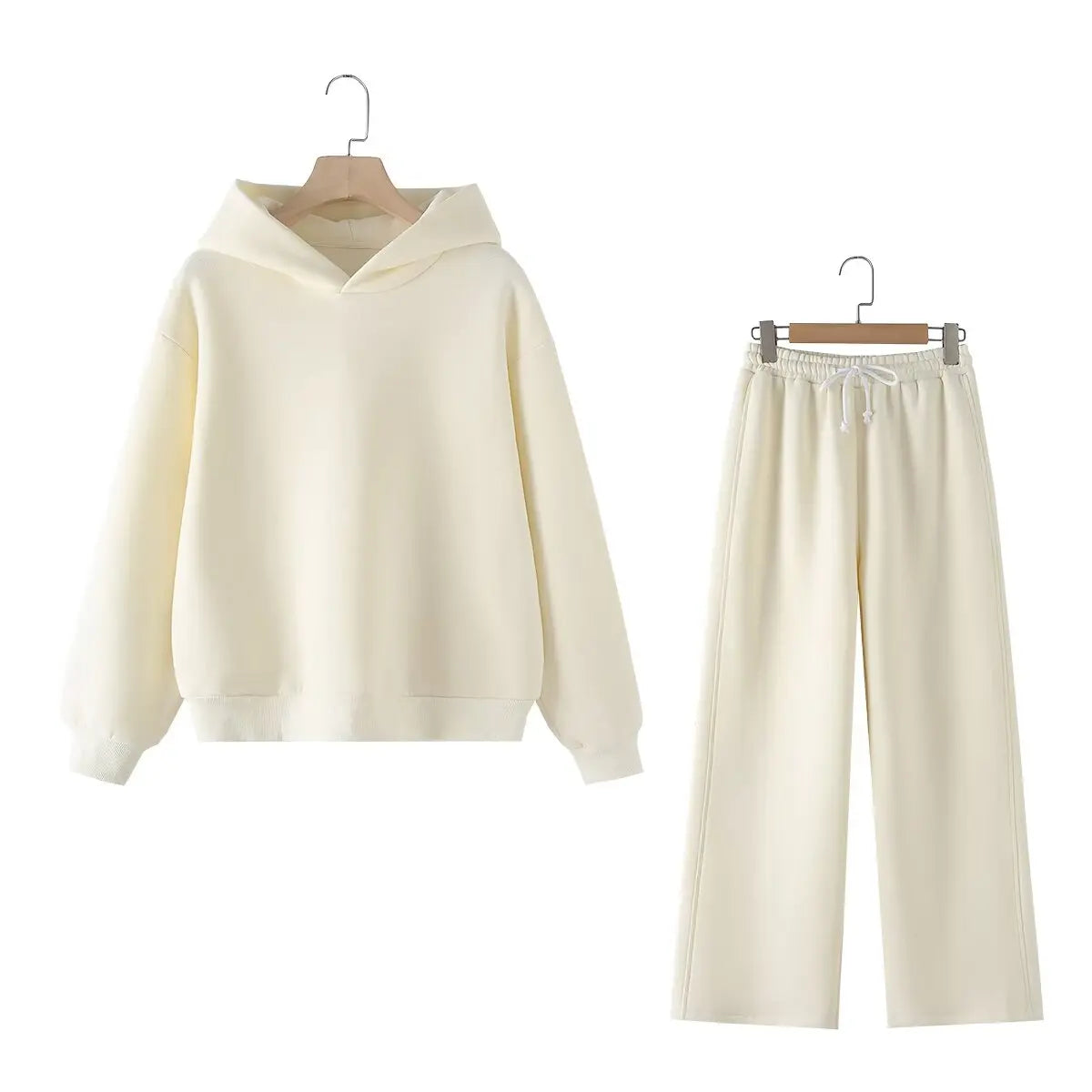 Chic Solid Hoodie and Wide Leg Trouser Set for Women with Elastic Waist and Lace-Up Detail Perfect for Casual and Commute Wear