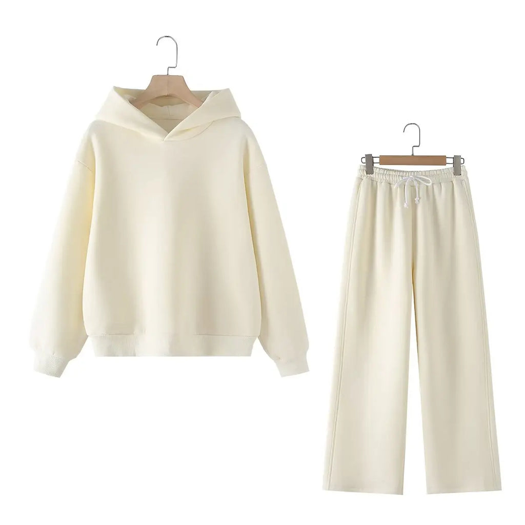 Solid Hoodie Top and Wide Leg Long Pant Set for Women with Elastic Waist and Chic Lace-Up Design