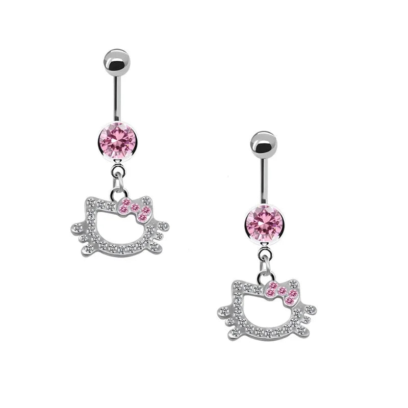 Trendy Pink Butterfly Cat Design Belly Button Ring for Women Stainless Steel Navel Piercing Jewelry