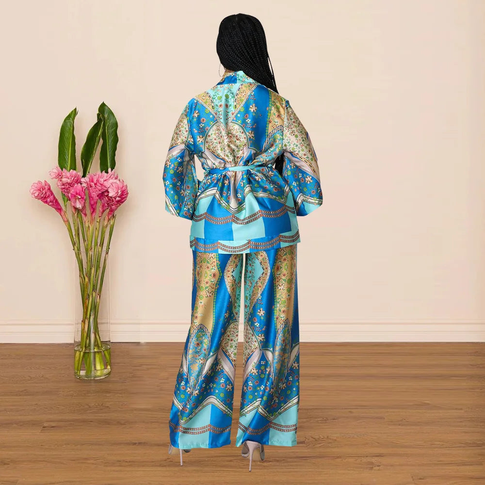 Women's Imitation Silk Printed Two Piece Set with Lace-Up Long Sleeve Top and Wide-Leg Pants for Casual Street Style