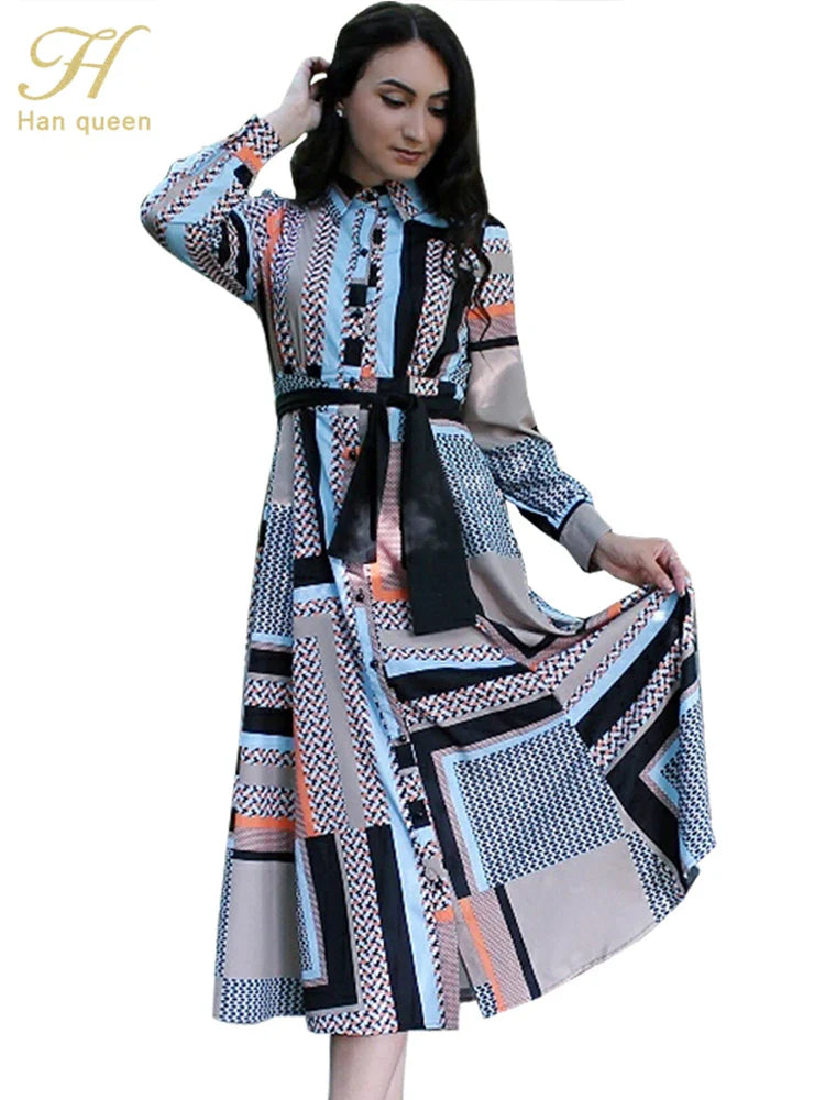 Vintage Print Long Shirt Dress For Women Ankle Length