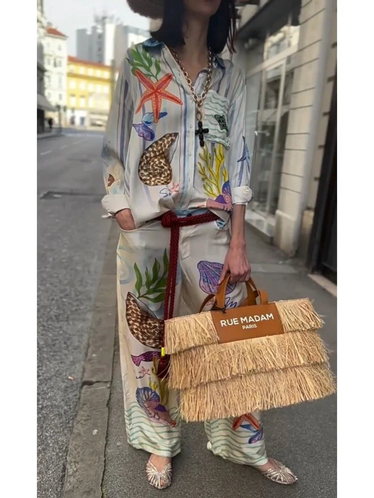 Bohemian Satin Print Two Piece Set for Women with Casual Long Sleeve Shirt and Wide Leg Pants Perfect for Summer Beach Outfits