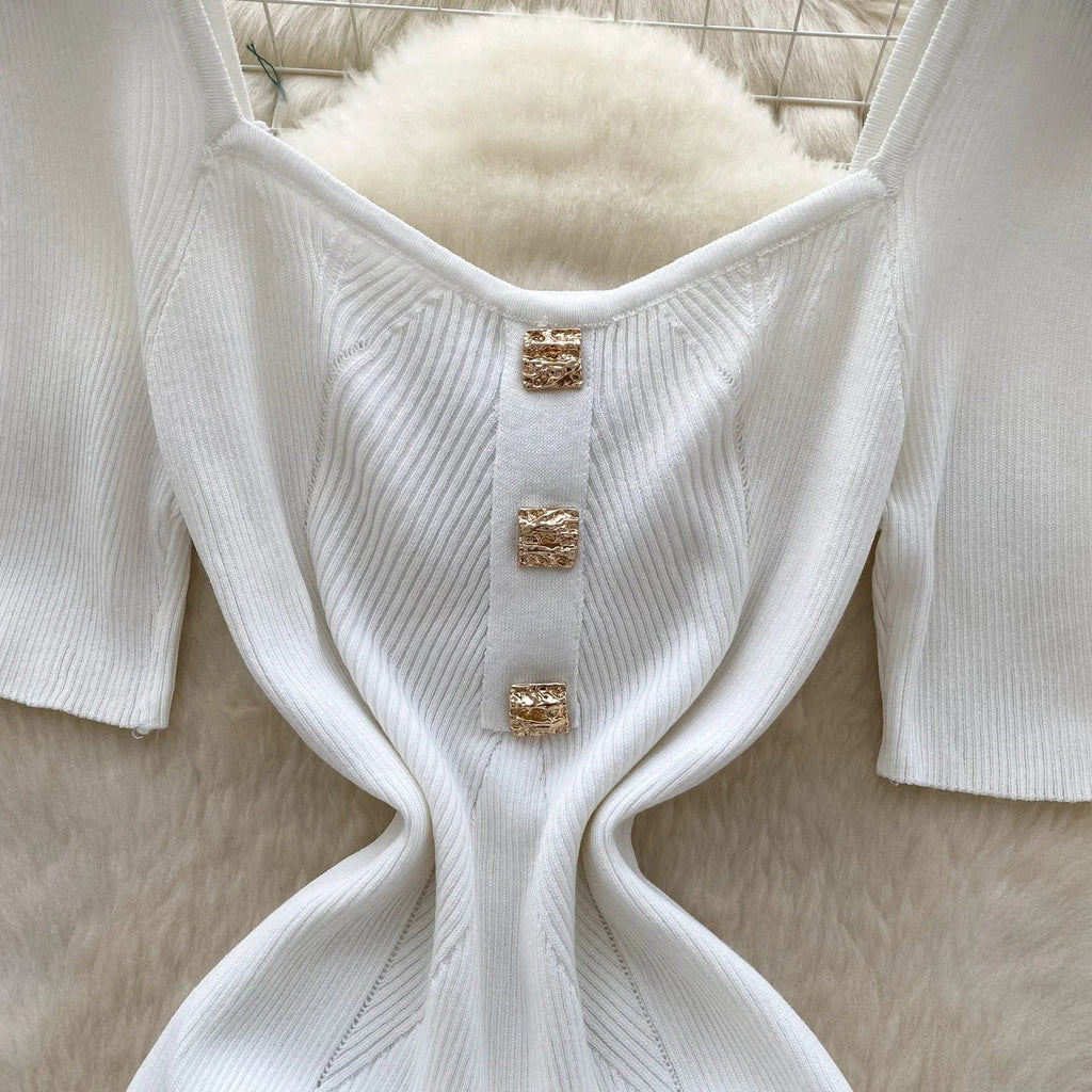 Women Square Collar Knit Dress Short Sleeve Wrap Sheath