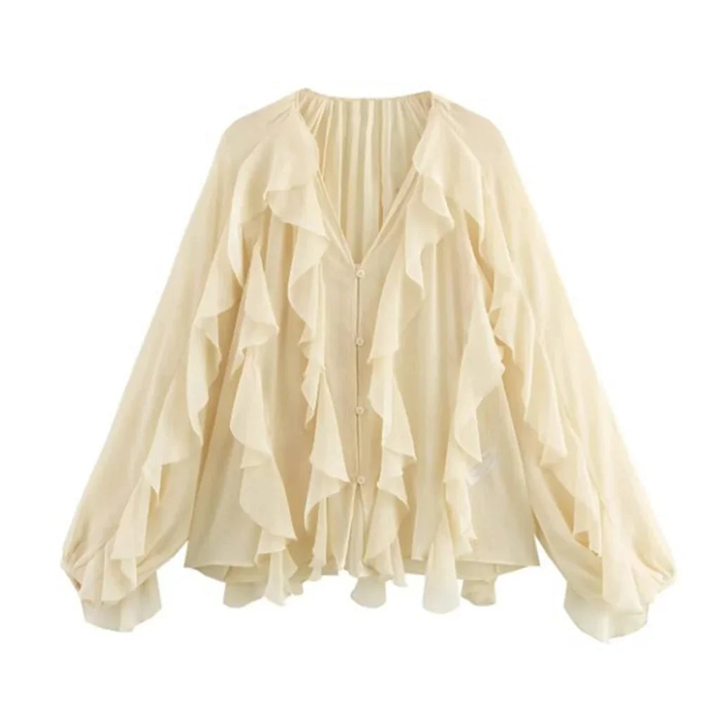 Women's Retro Loose V Neck Layered Casual Shirt Lightweight Temperament Blouse for Spring