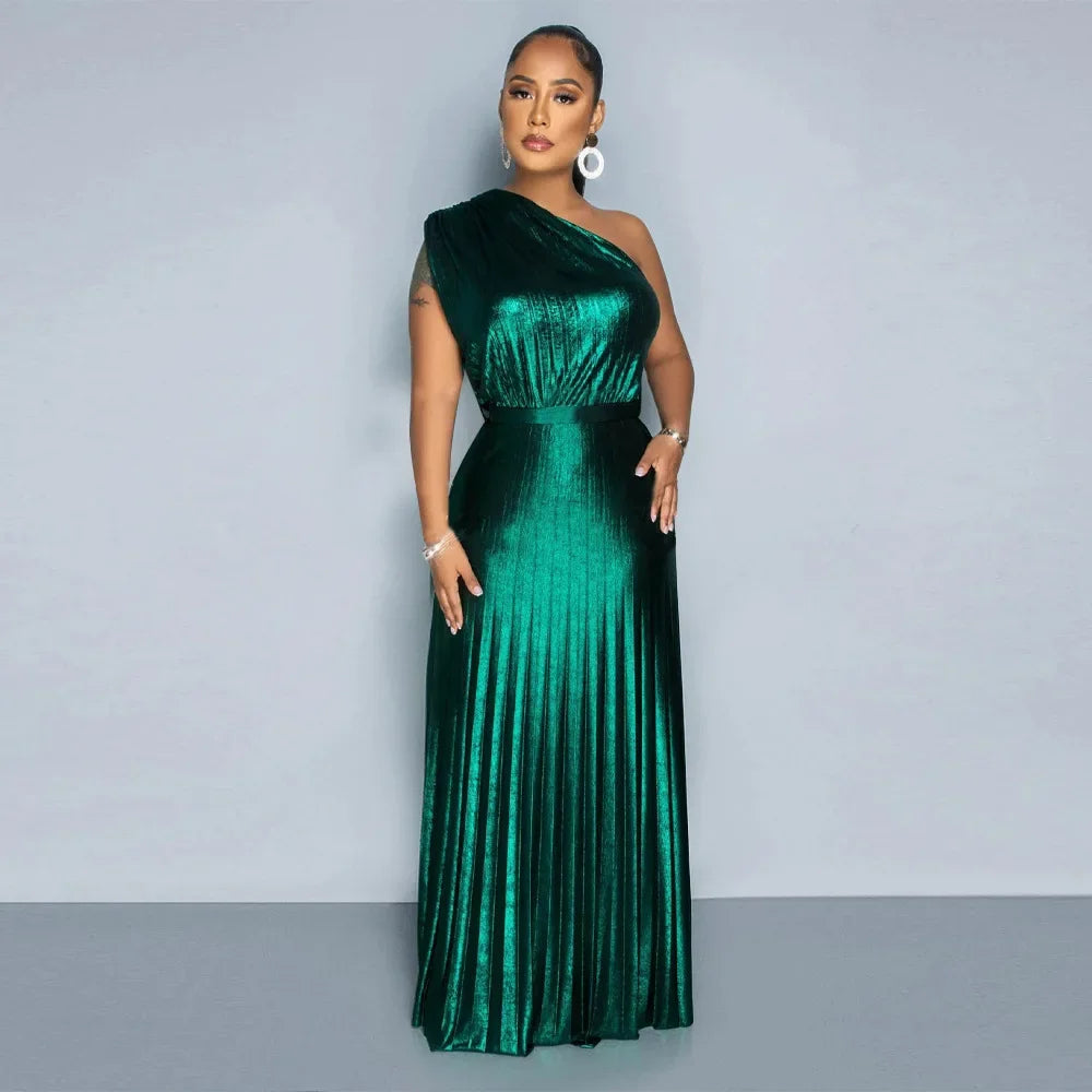 One Shoulder Metallic Pleated Maxi Dress Evening Gown
