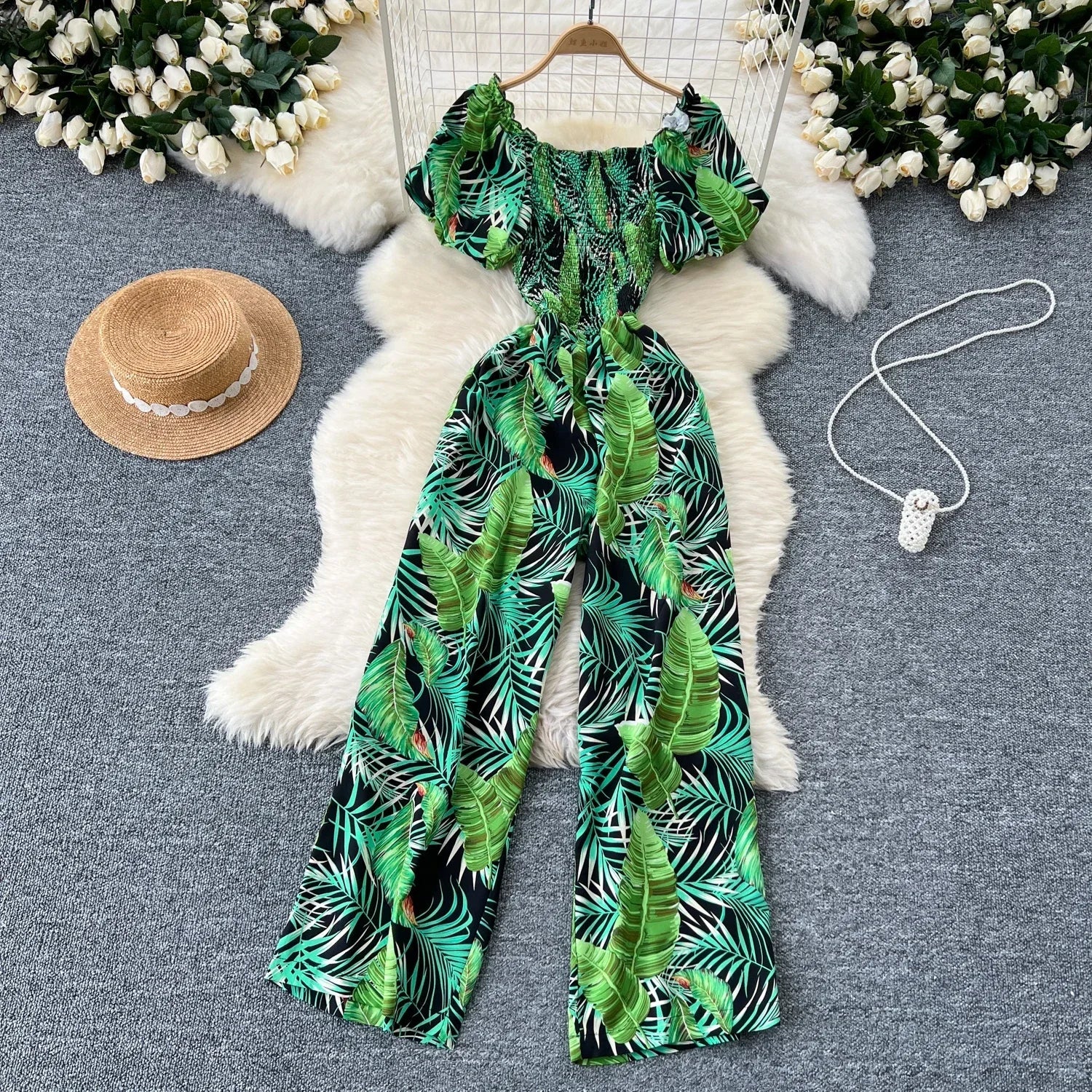Square Neck Loose Pleated Jumpsuit with Ruffles Backless Design Wide Leg Long Pants Elegant Chic Printed Playsuit for Women