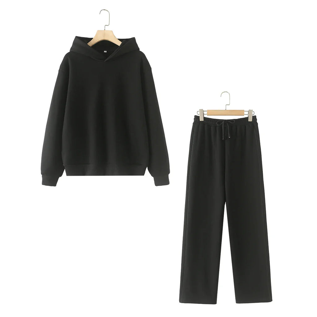 Women's Fleece Coat and Pant Set with Long Sleeve Hooded Sweatshirt and Casual Drawstring Trousers for Office and Everyday Wear