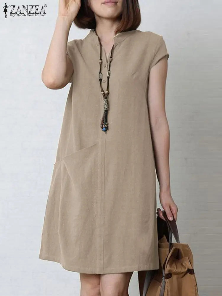 Cotton Summer Dress V Neck Short Sleeve Knee Length