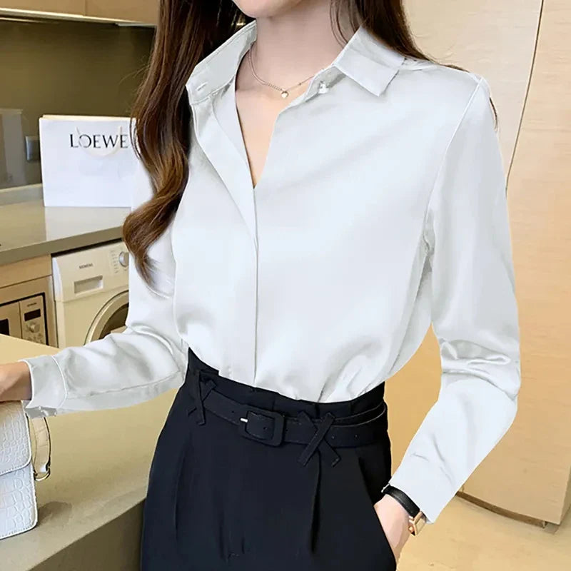 Elegant Satin Long Sleeve Women's Blouse Vintage Silk Shirt Luxury White Top for Autumn Commuting and Casual Wear