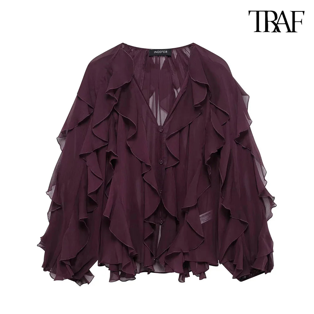 Elegant Solid Color Multi-Layered Ruffle V-Neck Sheer Long Sleeve Loose Blouse for Women