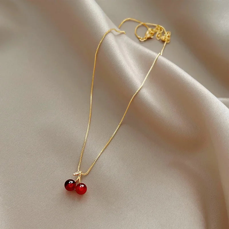 Wine Red Cherry Pendant Necklace for Women with Golden Chain for Party and Birthday Gifts