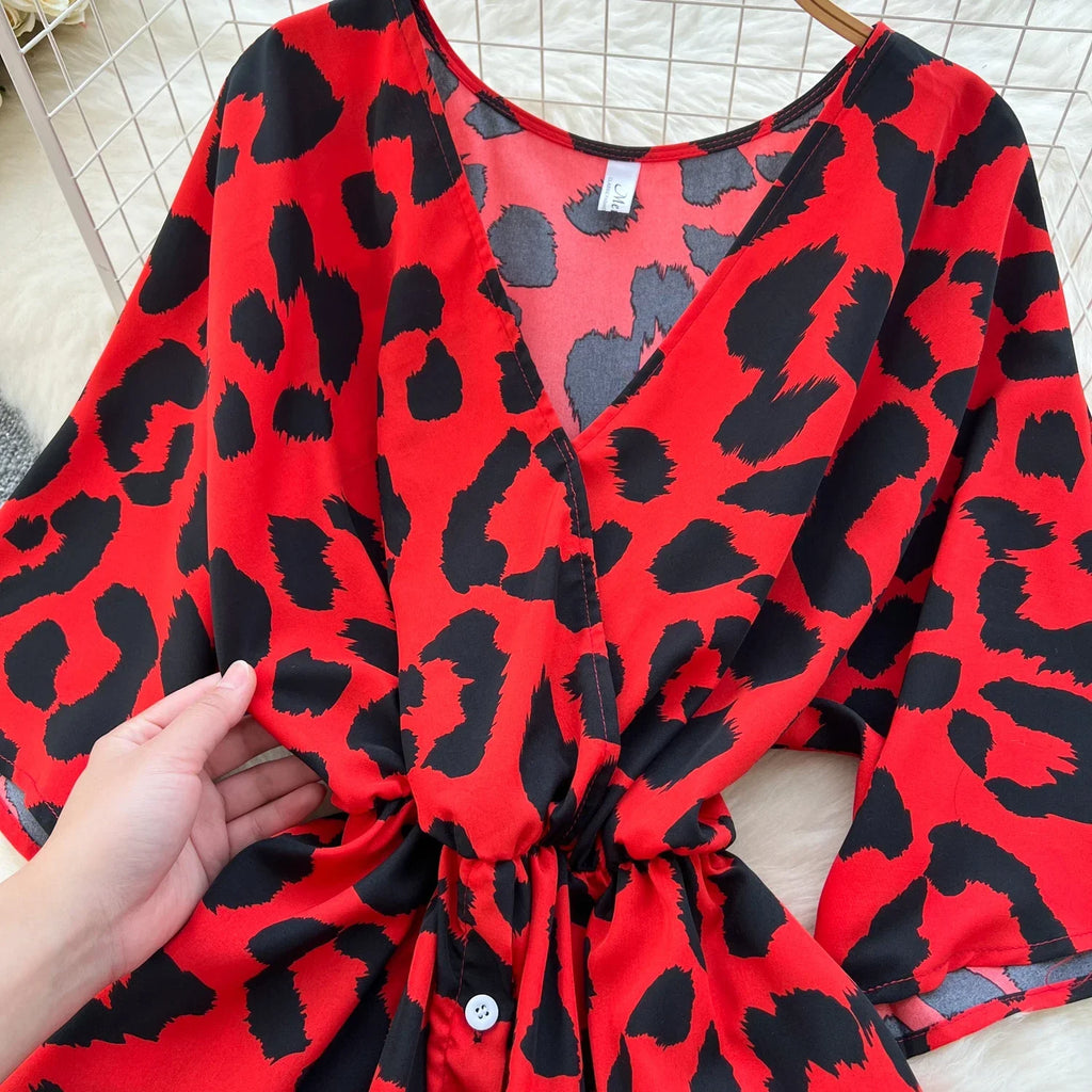 Ruched V Neck Office Dress Long Sleeve For Women Red