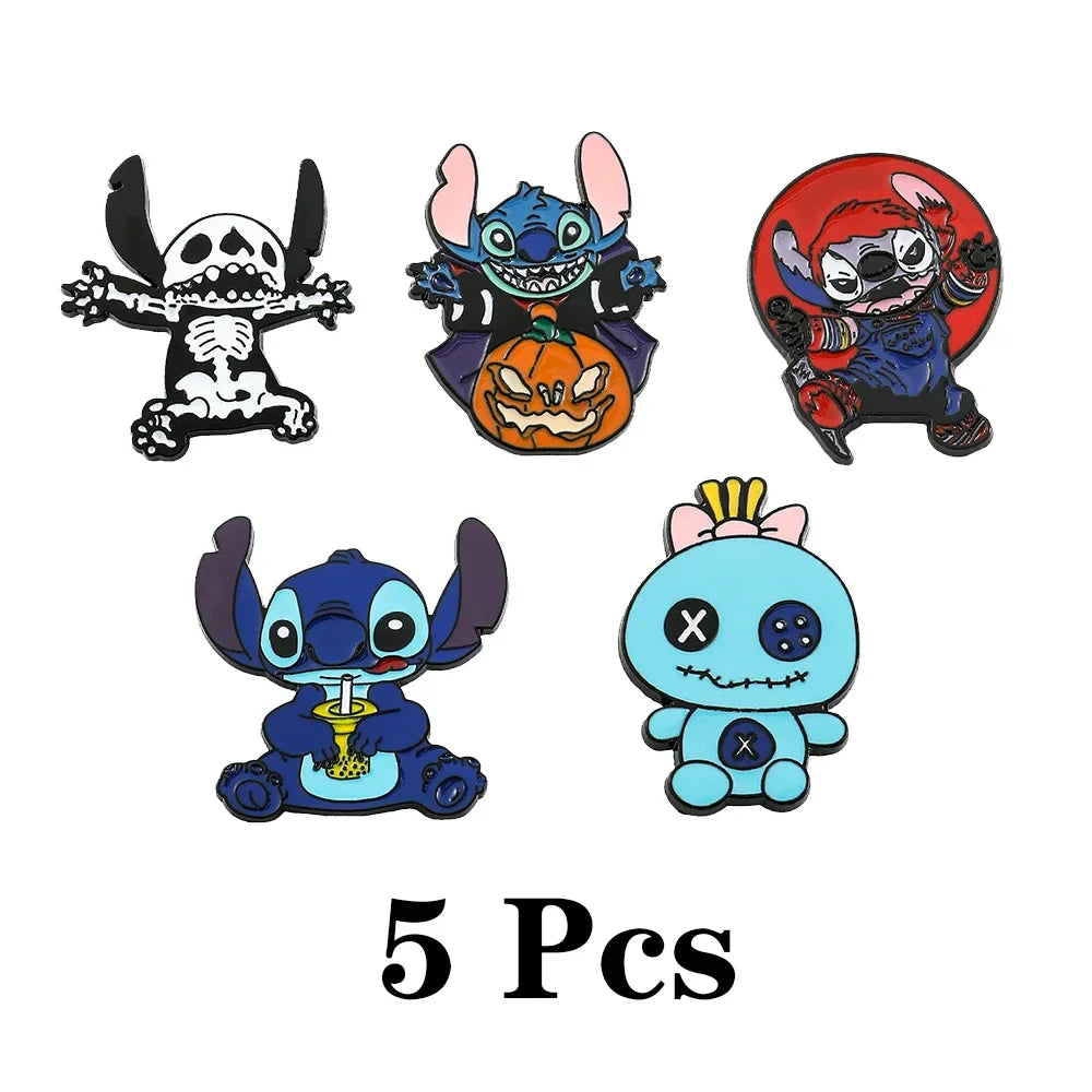 Lilo and Stitch 5 Piece Cartoon Brooch Set Cute Animal Enamel Pins for Backpack and Fashion Accessories