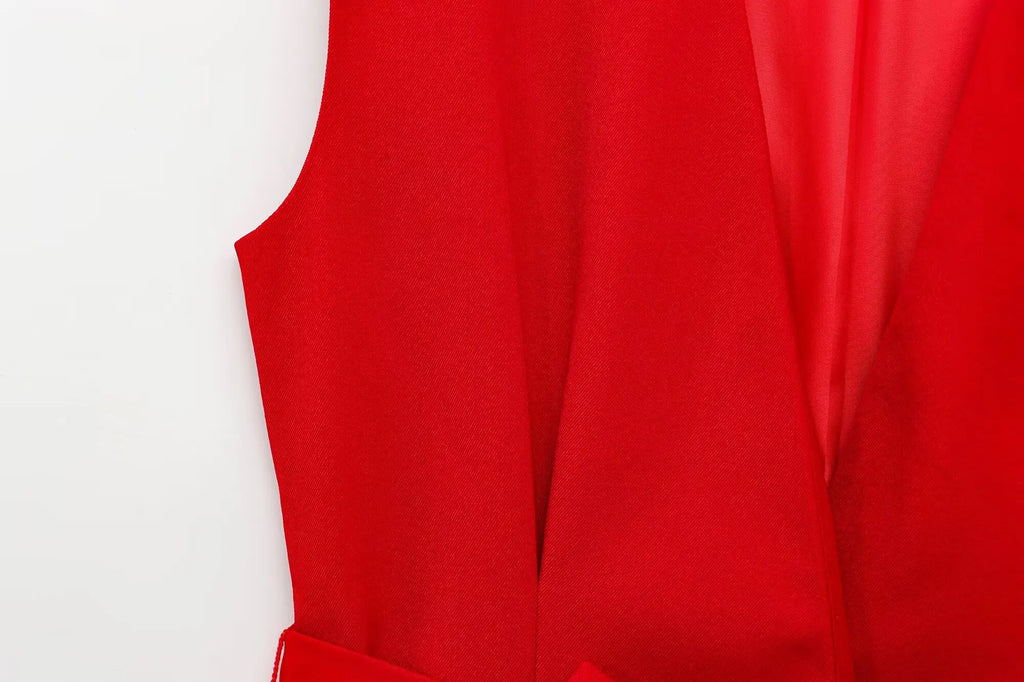 Elegant Red Belted Vest and Flared Pants Suit for Women Stylish and Versatile Two-Piece Outfit with Simple Chic Design