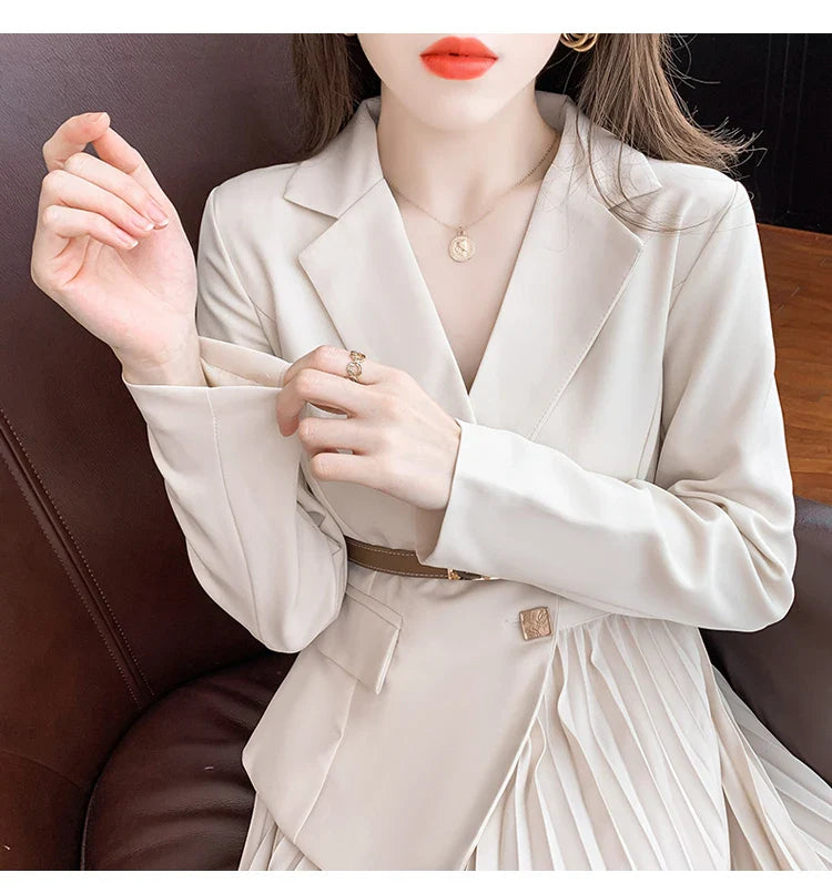 Faux Two Piece Dress With Blazer Collar Pleated Skirt