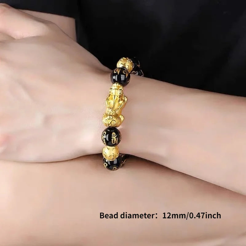 Obsidian Stone Beads Pixiu Bracelet for Wealth and Luck for Men and Women