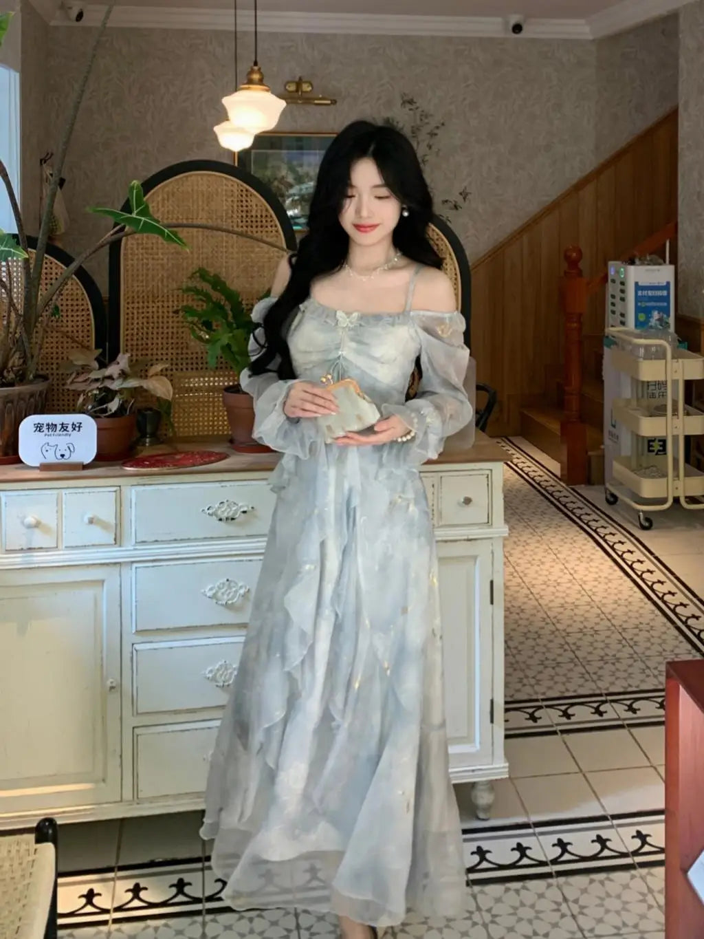 Off Shoulder Dress Ruffle A Line Long French Print