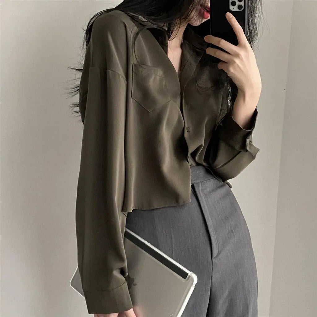 Elegant Long Sleeved Single Breasted Loose Casual Shirt and Blouse Solid Color Short Top for Women