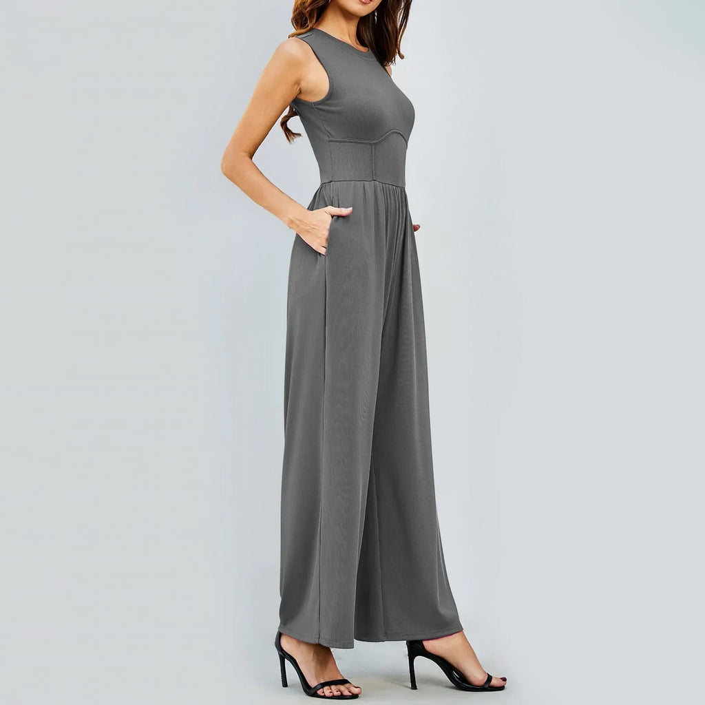 Women Sleeveless High Neck Ribbed Tank Top Jumpsuit Wide Leg Pants Romper with Tummy Control and High Waist Casual Summer Outfit