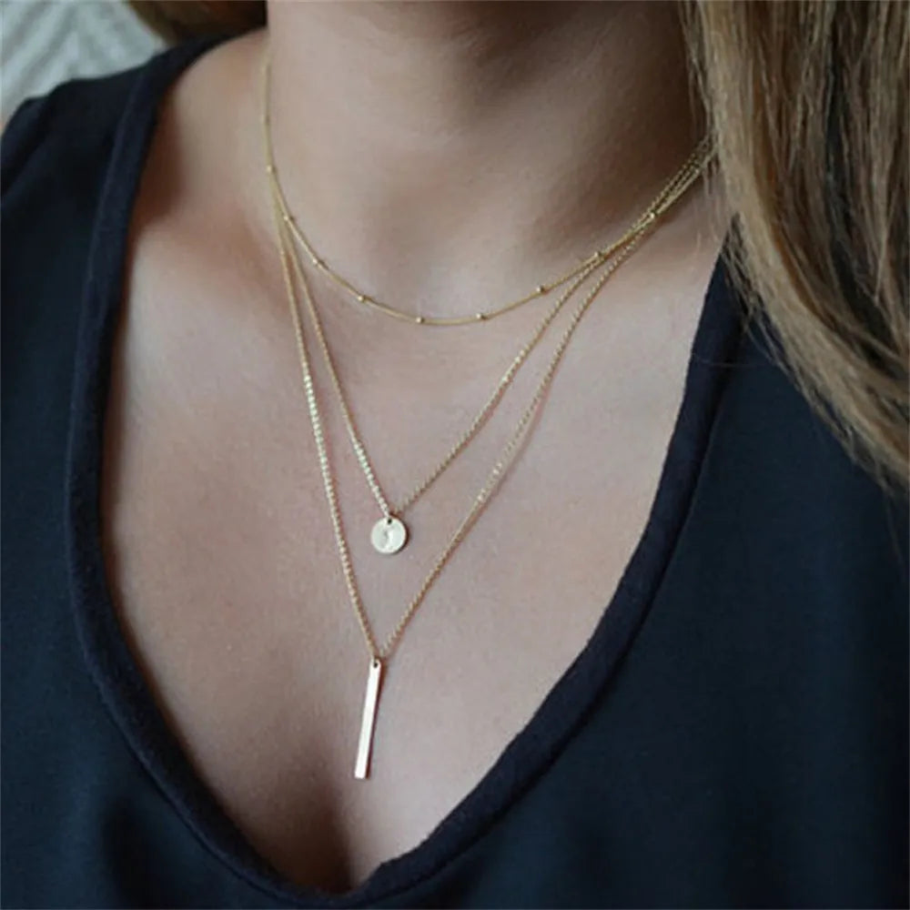 Vintage Layered Metal Bar Pendant Necklace for Women Gold Clavicle Chain Jewelry