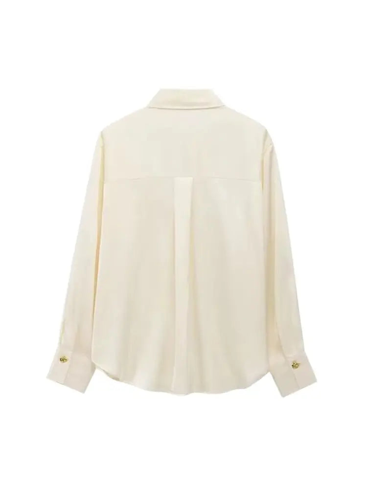 Long Sleeve Lapel Collar Blouse for Women with Fashion Gold Buttons Chic Elegant Office Shirt
