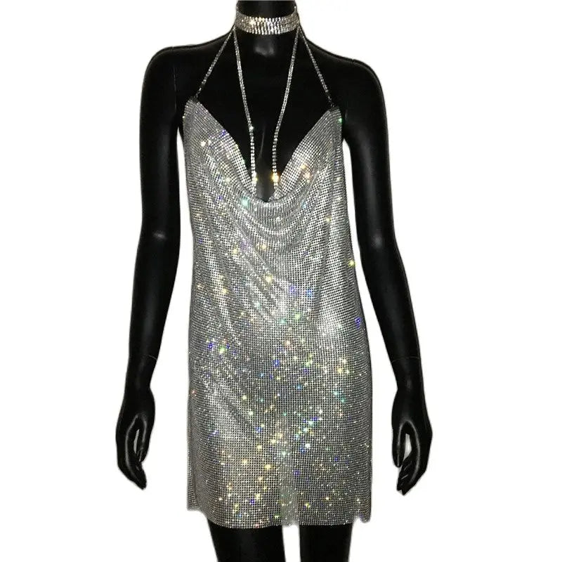 Sequin Rhinestone Backless Mini Dress For Nightclub Party