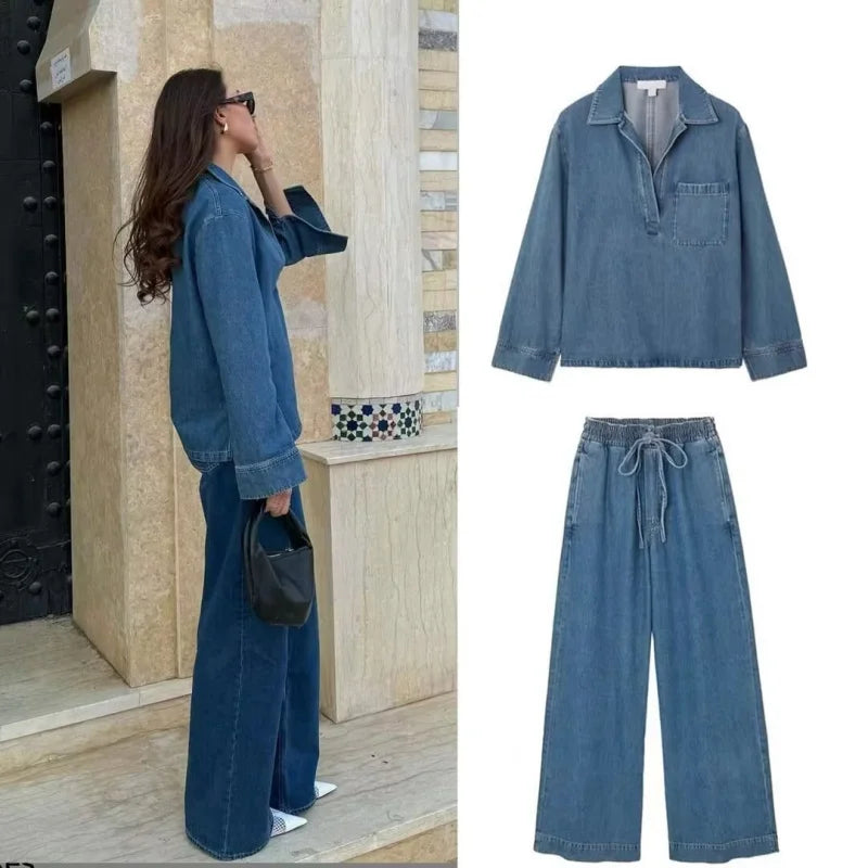 Casual Open Collar Denim Top with Pocket and Loose Wide Leg Drawstring Waist Denim Pants Two Piece Set for Women