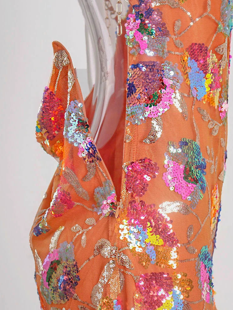 Floral Sequined Backless Mini Dress For Night Out Clubbing