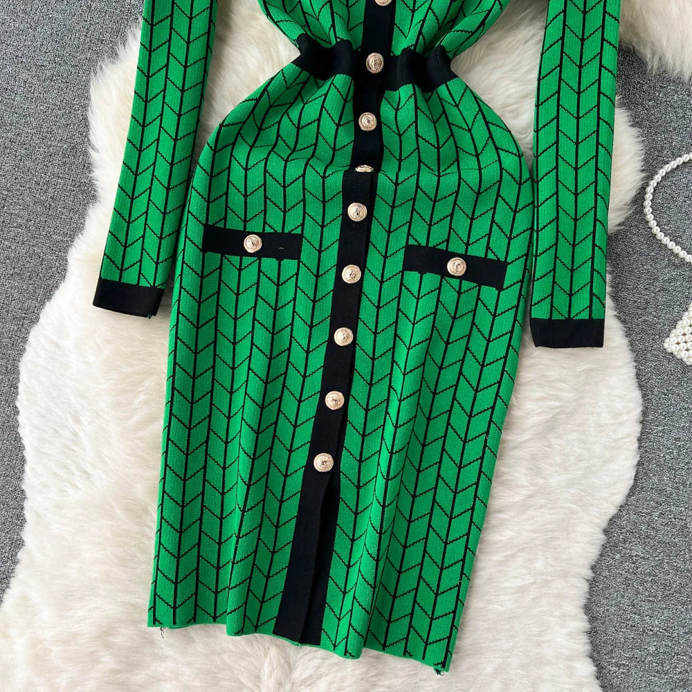 Autumn Plaid Knit Dress Women V Neck Elastic Waist Midi