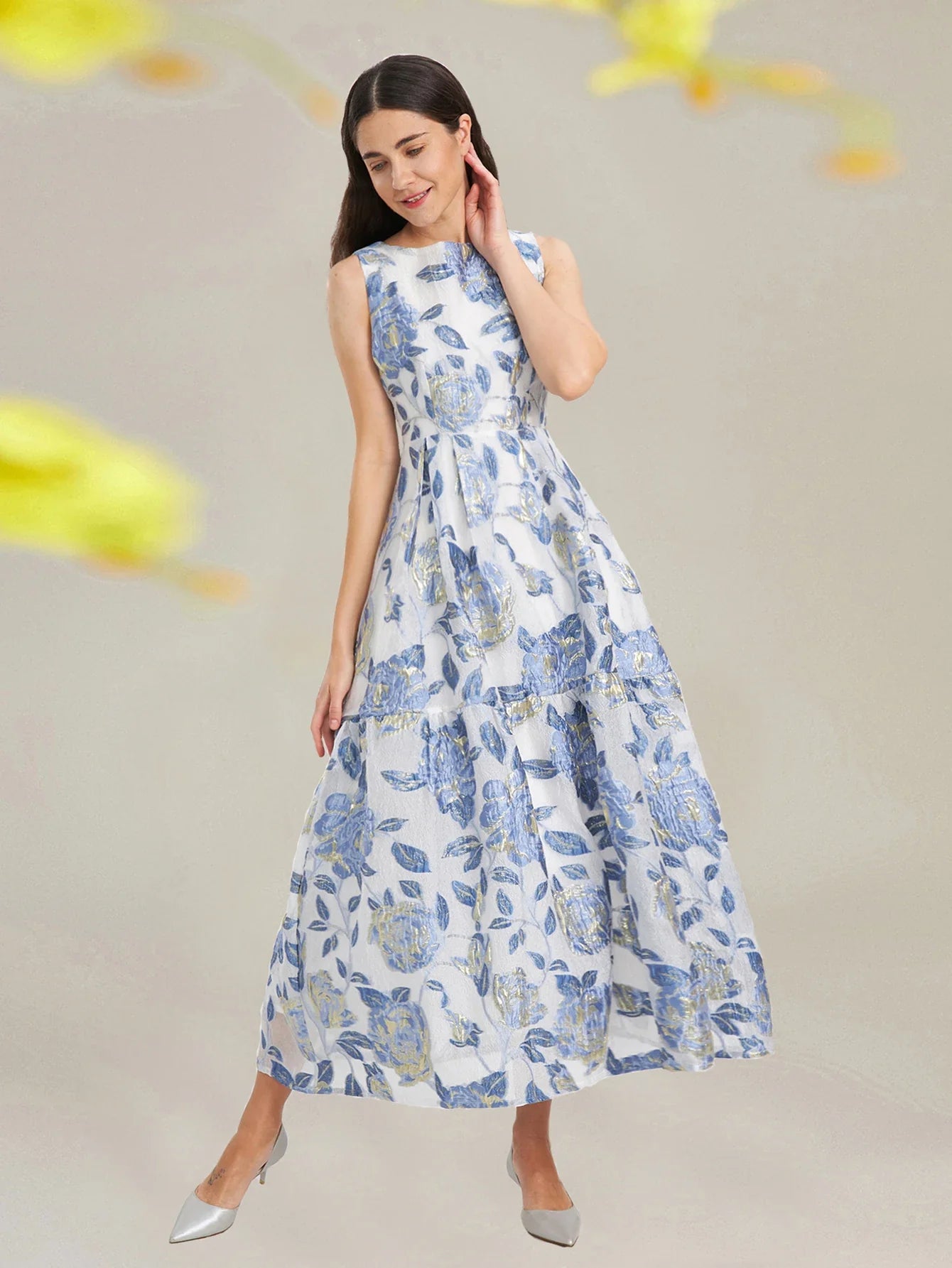 Elegant Organza Maxi Dress With Floral Embroidery