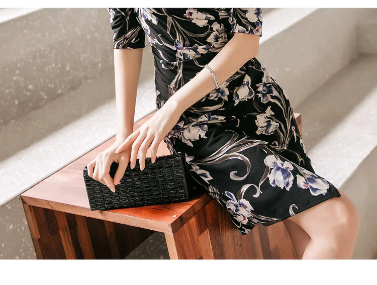 V-Neck Pencil Dress for Women Vintage Print Office Wear