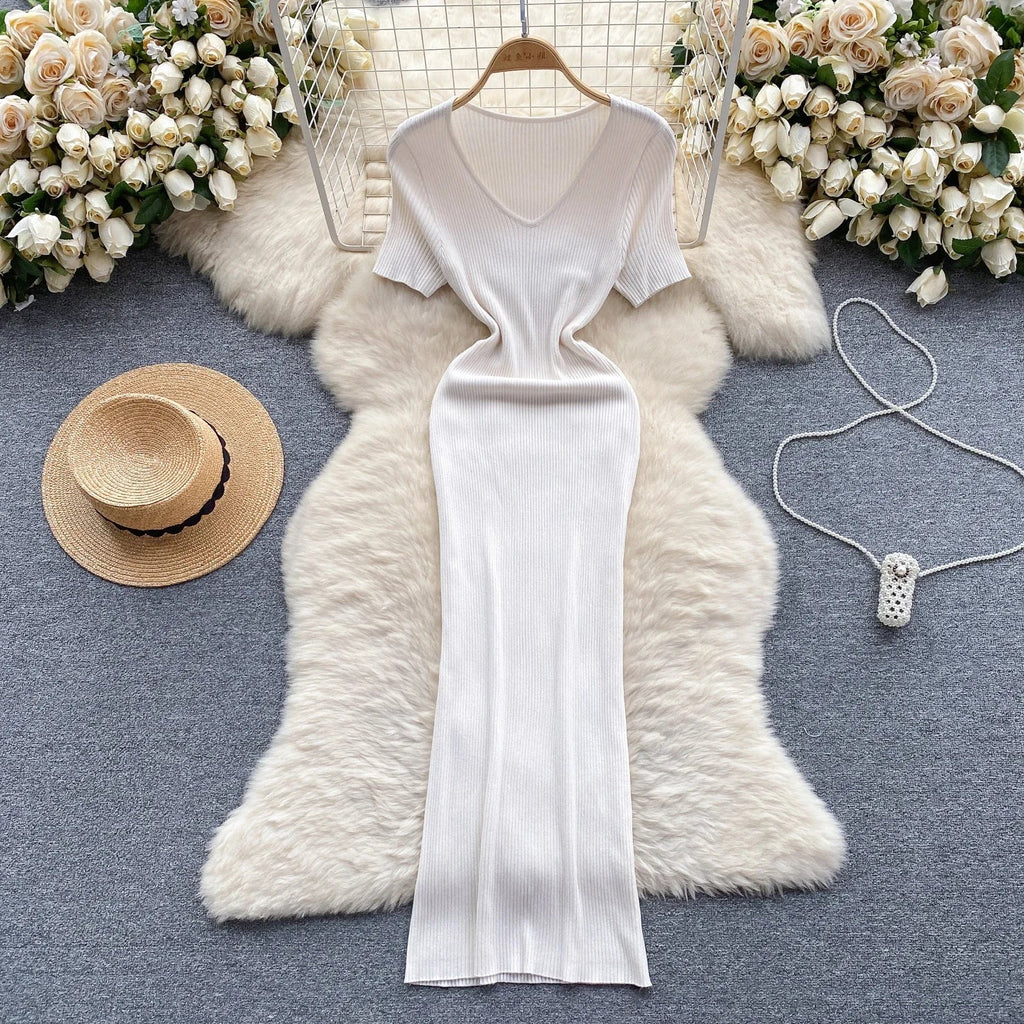 Summer Knit Bodycon Solid Dress for Women Short Sleeve Maxi