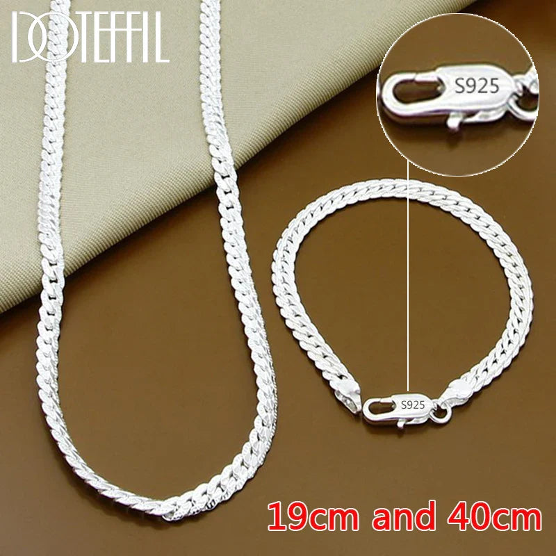 925 Sterling Silver Side Chain Necklace and Bracelet Set for Men and Women Fashion Jewelry