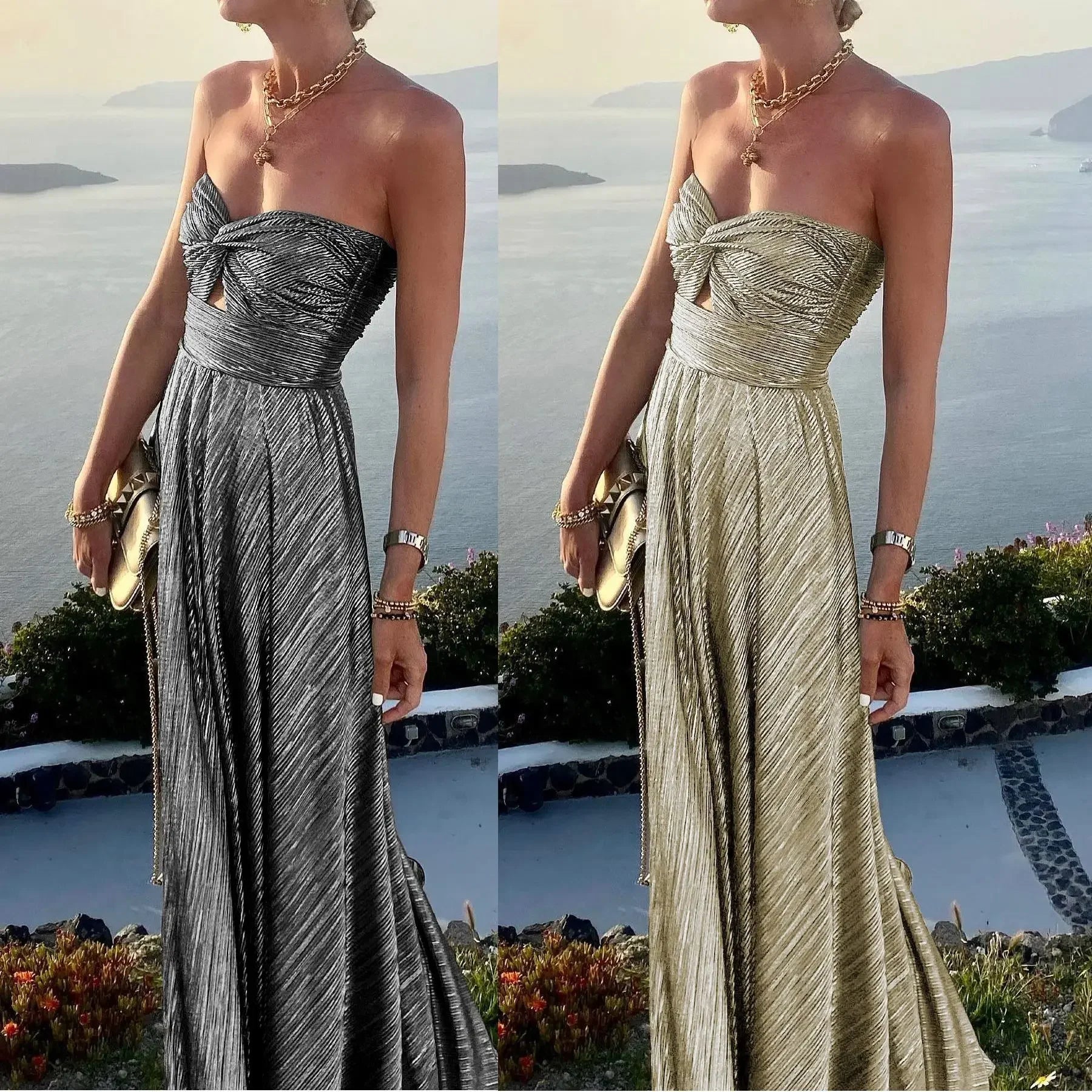 Sexy Chest Wrap Party Dress With Gold Stamping For Women