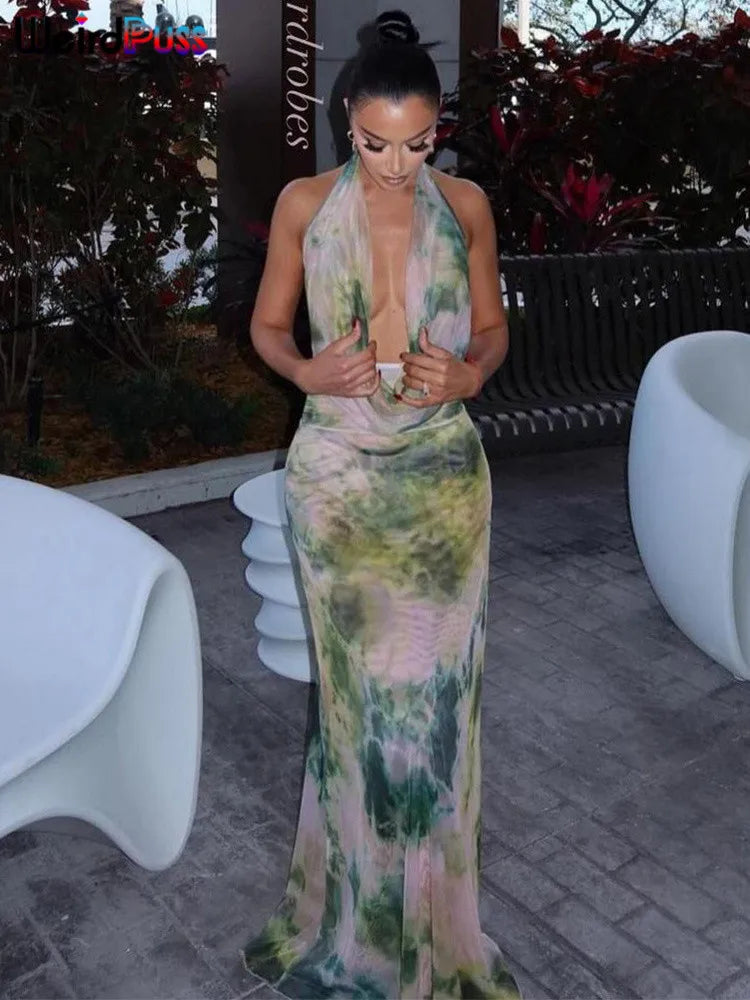 Backless Halter Bandage Tank Top and Mesh Ruffles Tie-Dye Skirt Two-Piece Summer Set for Women