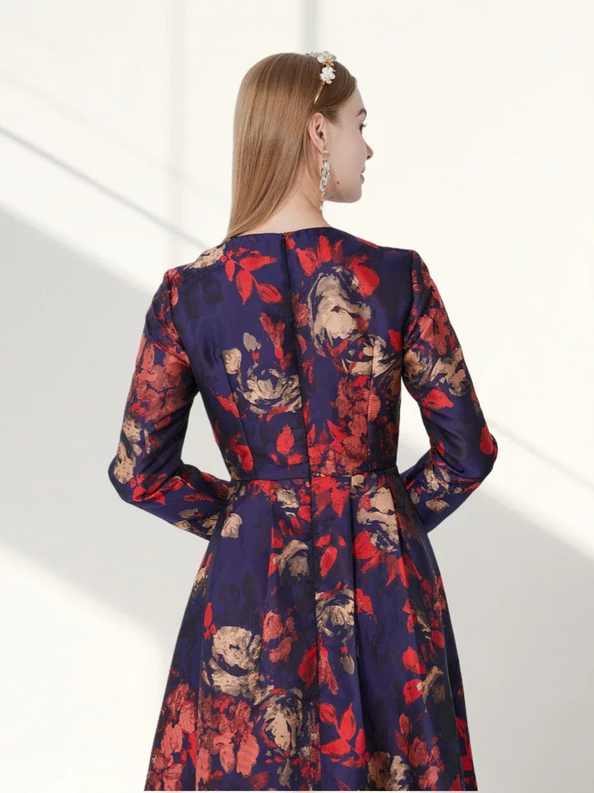 Boho Floral Jacquard Maxi Dress With Long Sleeves For Fall