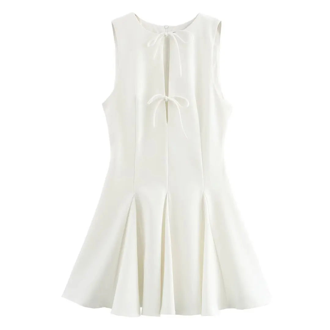 White Bow Pleated Mini Dress For Summer Party Elegant