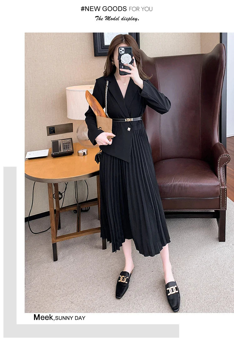 Faux Two Piece Dress With Blazer Collar Pleated Skirt