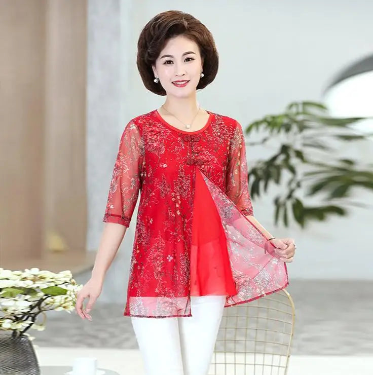 Vintage Floral Print Chiffon Half Sleeve T-Shirt with Spliced Fake Two-Piece Design and Round Neck Casual Summer Top for Women