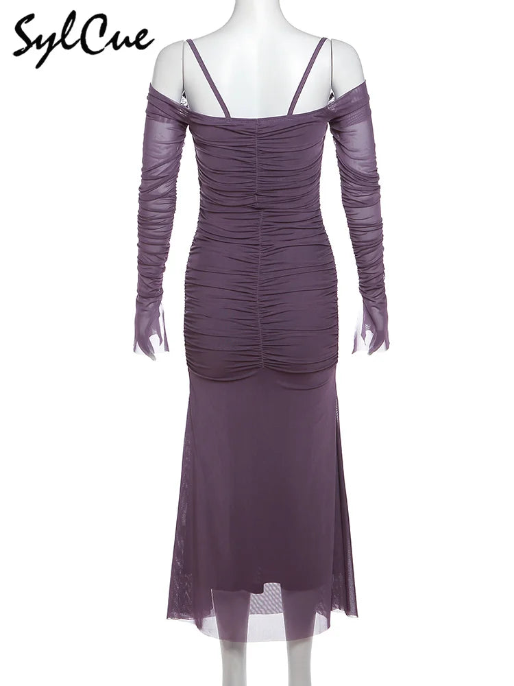 Elegant Long Sleeve Party Dress For Women Solid Color