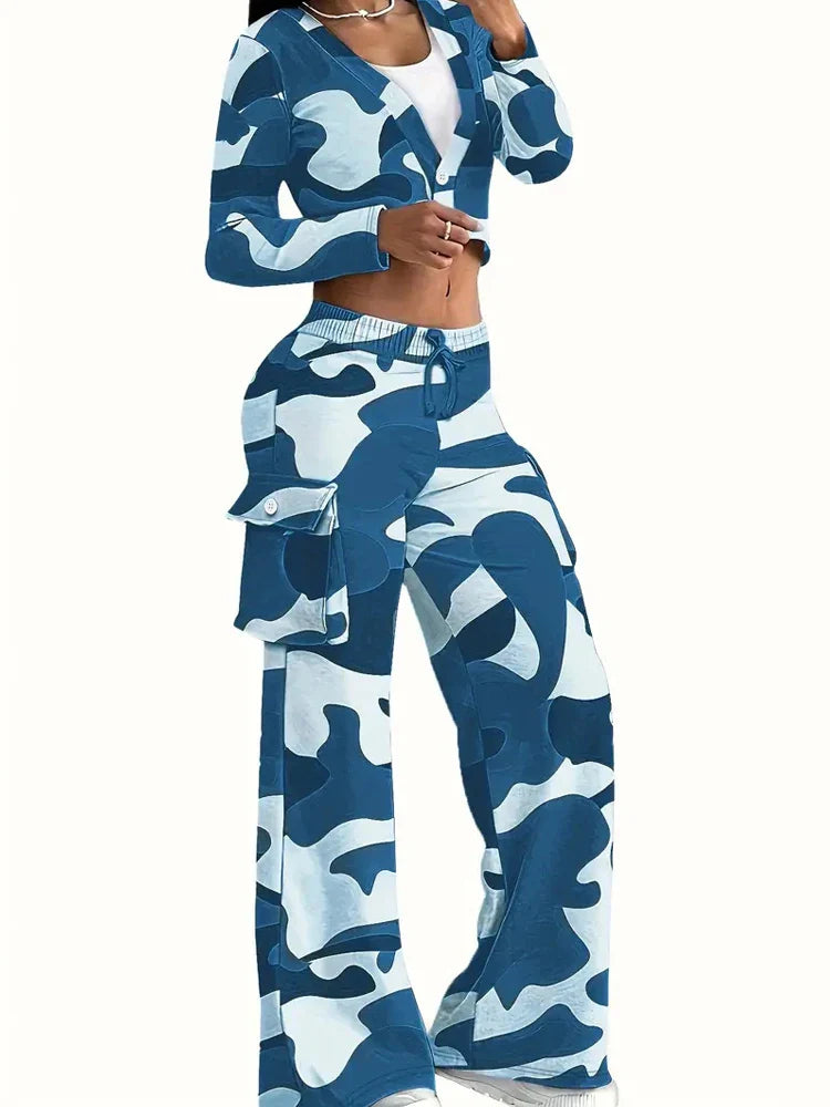 Camo Print Cargo Pants Set with Sexy Crop Top and High Waist Wide Leg Trousers for Women